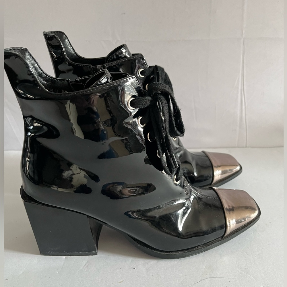 Black Lace Up Industrial Goth Y2K Ankle Boots Metallic Toe Cap Block Heel